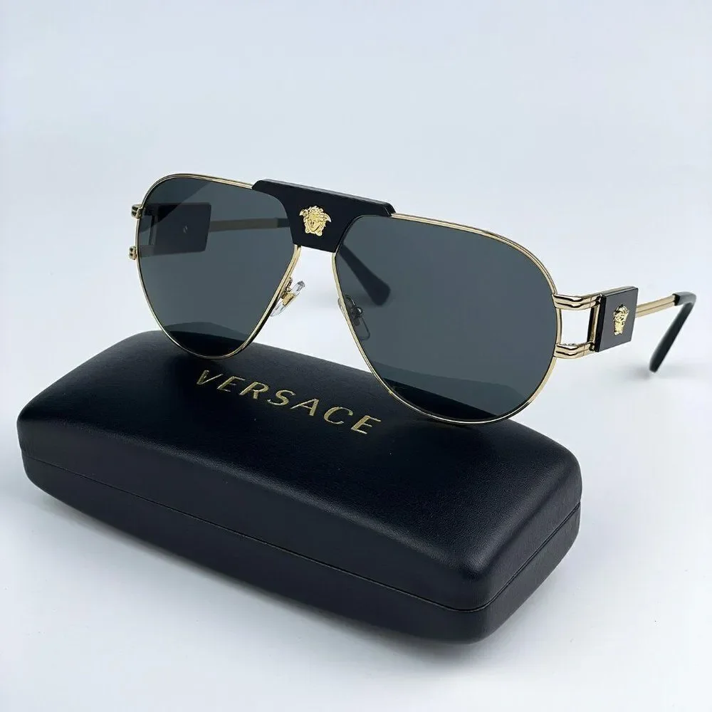 NEW Versace VE2252 100287 BRAND NEW Gold Dark Grey Metal Pilot Unisex Sunglasses